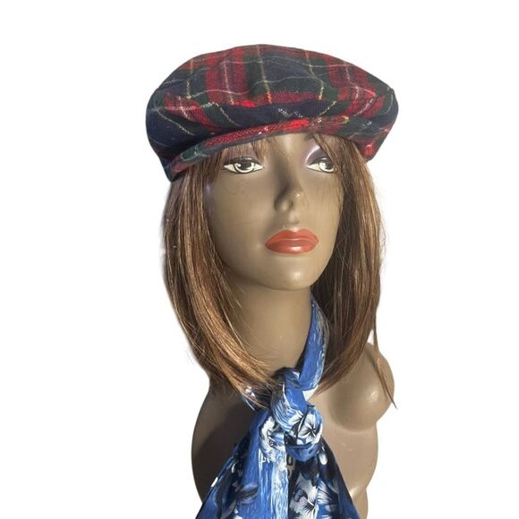 VINTAGE Red Plaid Newsboy Cap Snap Front Wool Made in USA - Picture 1 of 9